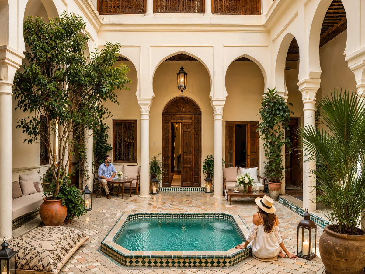Renovated riad in Marrakech — zellige pool courtyard — AE Architectes