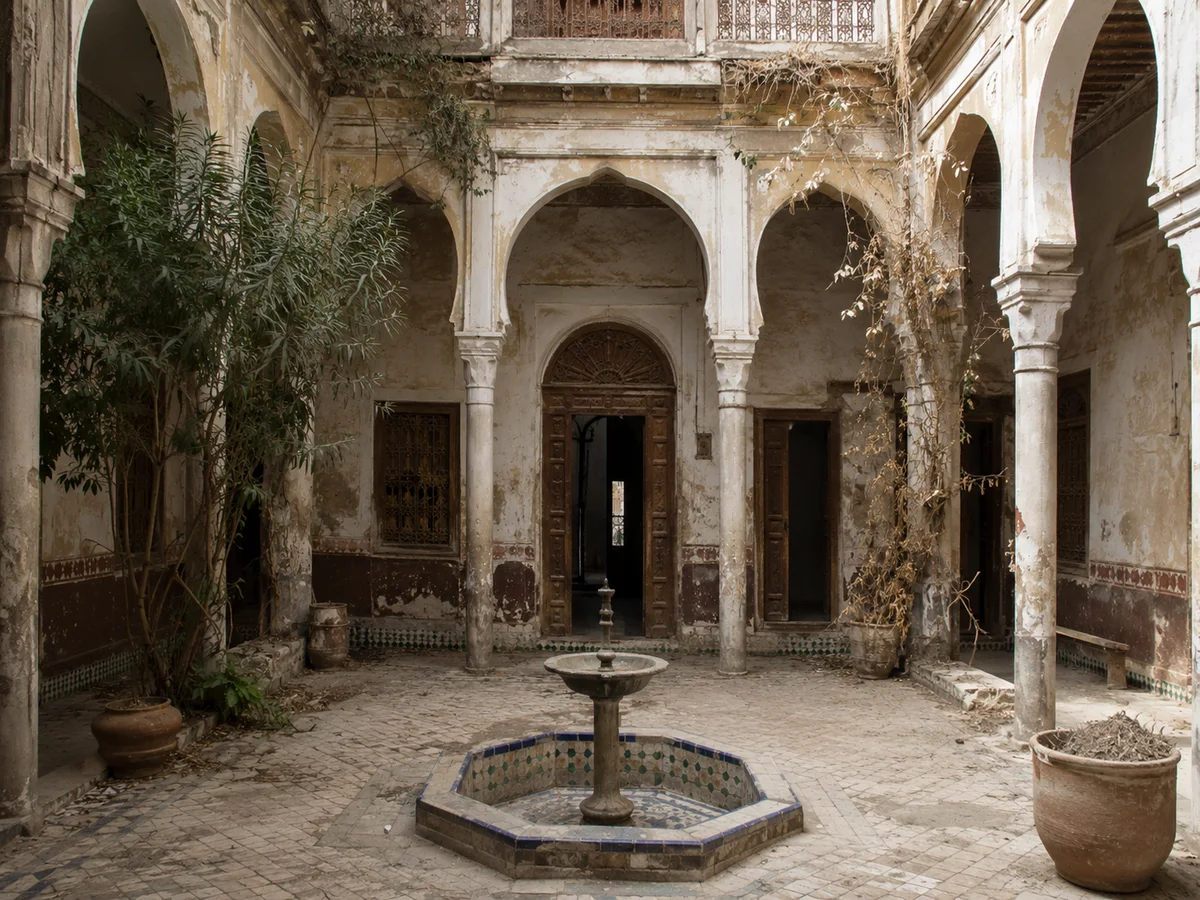 Abandoned riad before renovation — courtyard with fountain — Marrakech