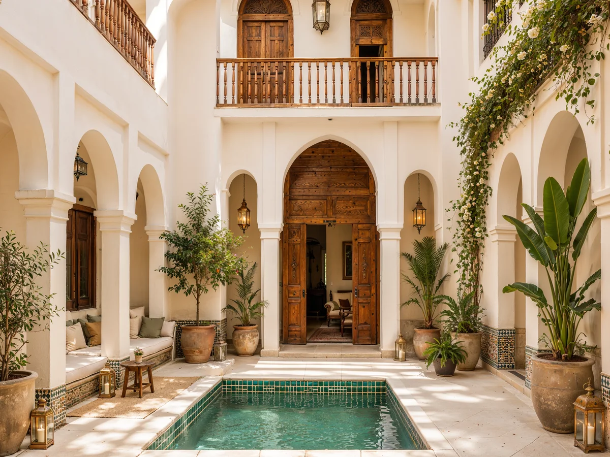 Renovated riad — rectangular pool — restored cedar balcony — Marrakech