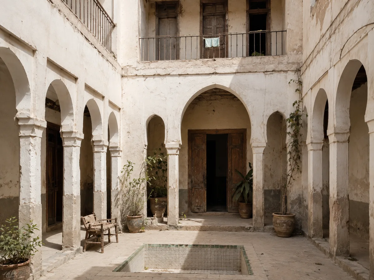 Neglected riad before renovation — simple patio — Marrakech medina